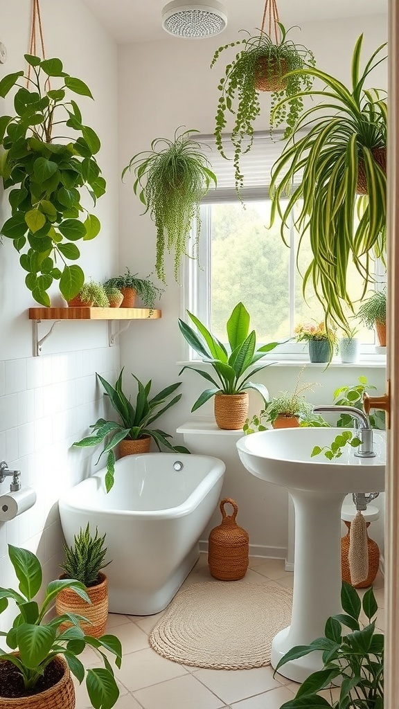 A bright bathroom filled with various hanging and potted plants, creating a refreshing green space.
