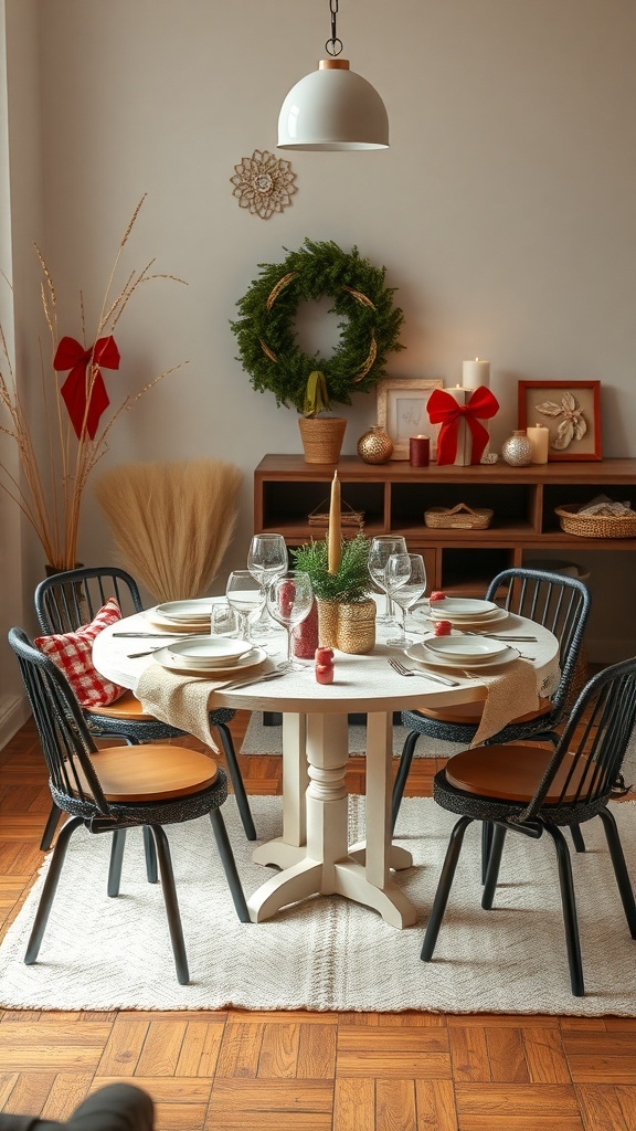 A cozy dining room setup with a round table, seasonal decorations, and a warm atmosphere.