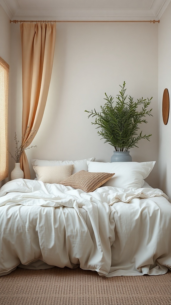 A serene bedroom nook featuring soft white bedding, neutral cushions, and a potted plant.