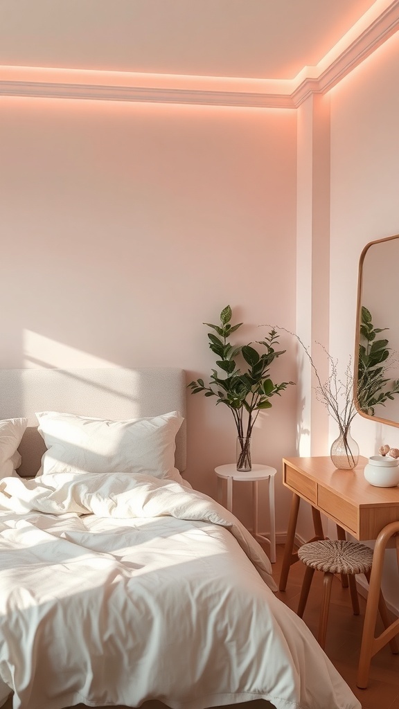 A serene bedroom with soft pink lighting accents, featuring neutral bedding and plants.