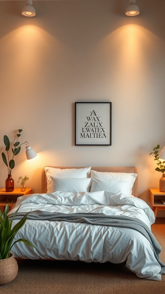 A serene bedroom with warm lighting and natural elements, featuring a cozy bed, plants, and soft lighting.