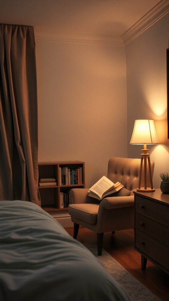 A cozy reading nook with a plush armchair, a warm lamp, and a stack of books.