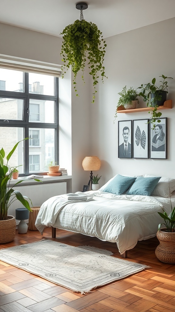 A serene urban bedroom with plants, soft bedding, and warm lighting