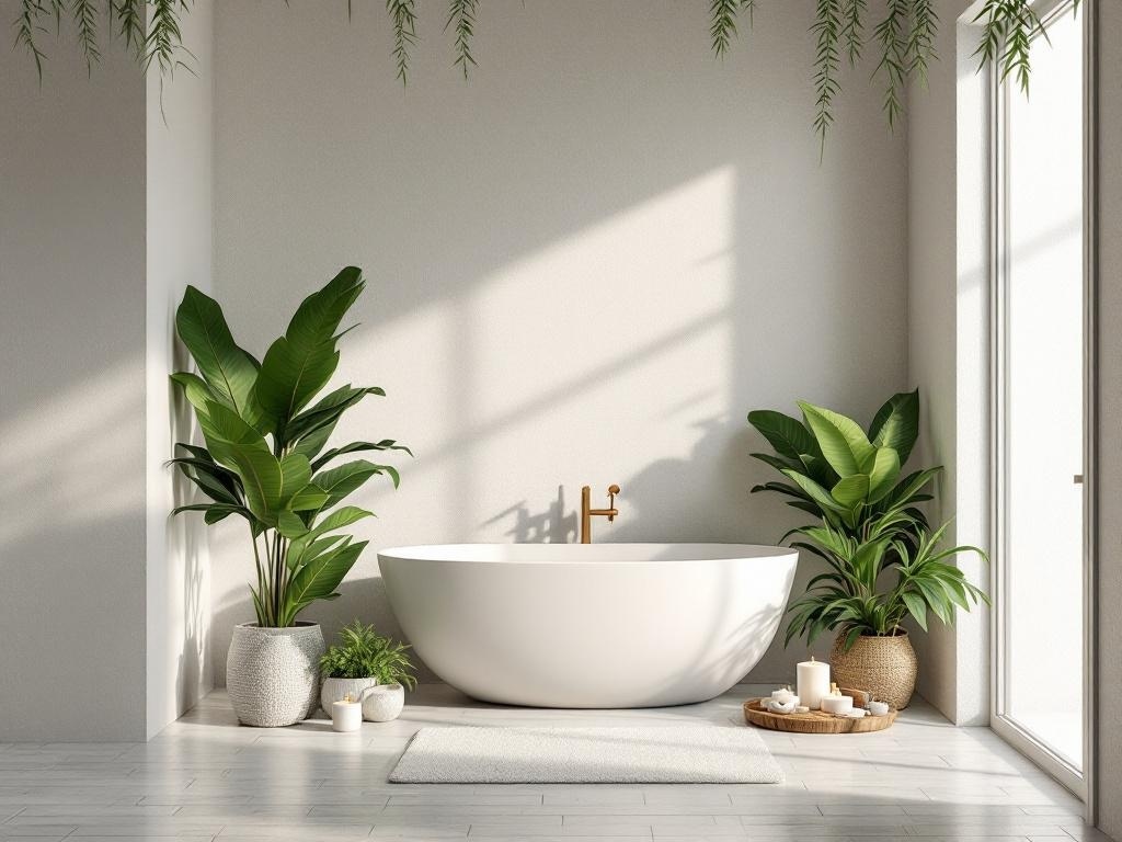 A modern tropical bathroom featuring a floating vanity, archway tub, and lush green plants.
