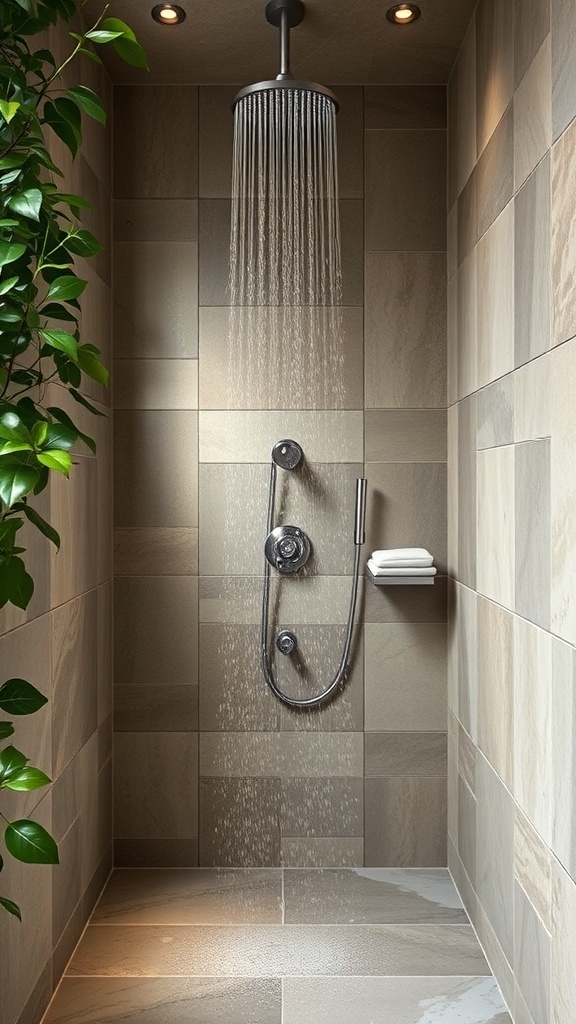 A modern shower space featuring natural stone tiles, a rainfall showerhead, and a touch of greenery.