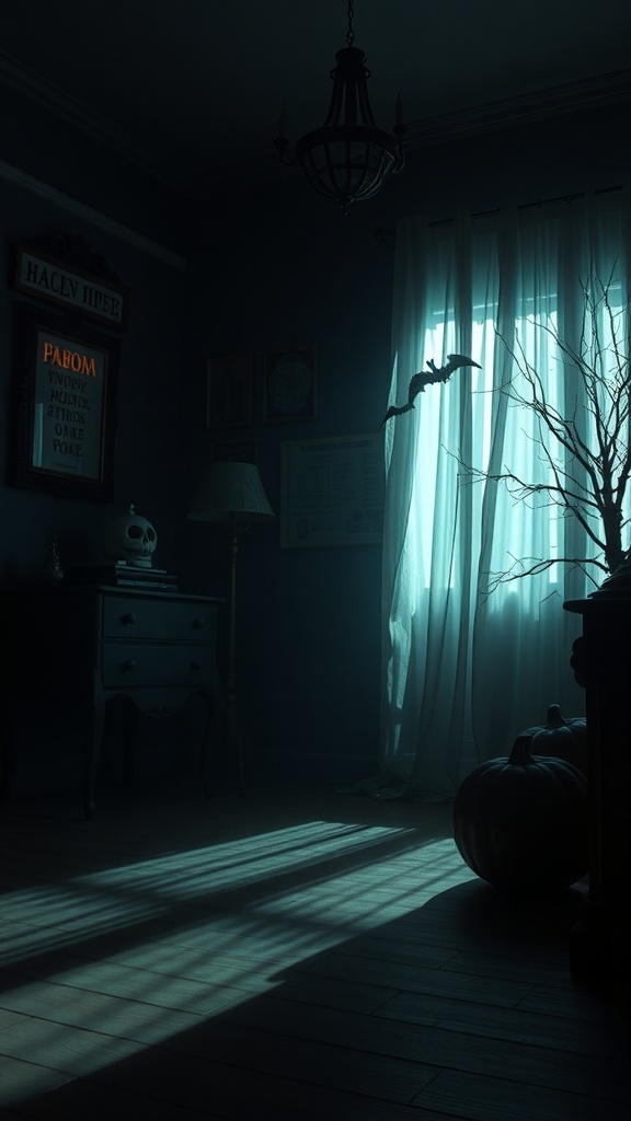 Dimly lit room with a chandelier, a pumpkin, and eerie shadows.