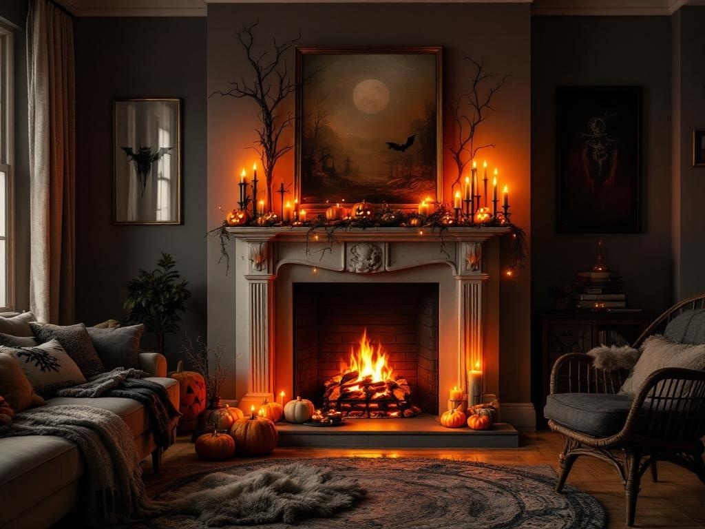 A spooky Halloween fireplace mantel decorated with pumpkins, candles, and dark accents, creating a cozy and haunted atmosphere.