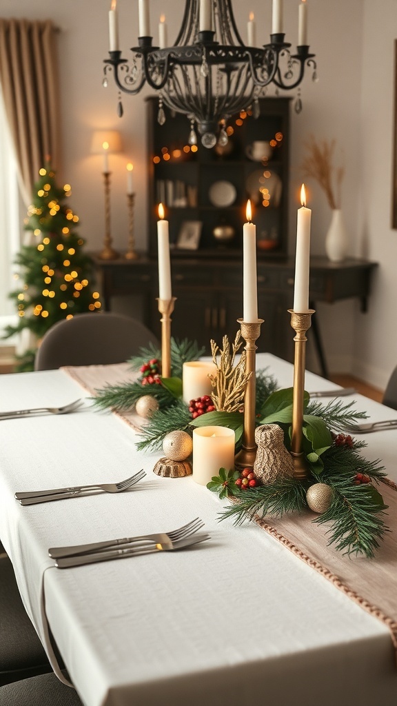 A beautifully set dining table with a centerpiece of candles, greenery, and decorative elements, creating a warm and inviting atmosphere.