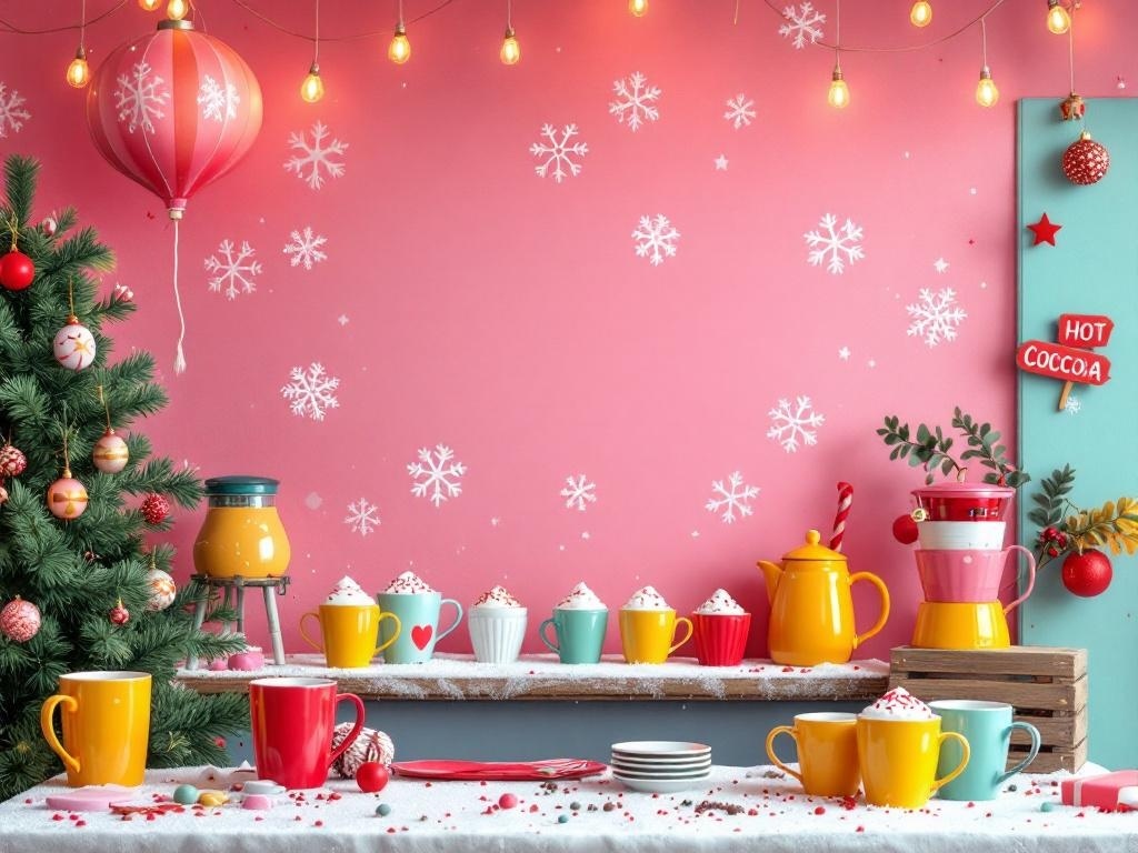 A colorful hot cocoa bar with festive mugs, whipped cream, and holiday decorations.