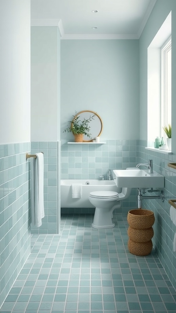 A contemporary bathroom featuring glossy sea-green Vedra Sea Brick wall tiles in a herringbone pattern, a minimal freestanding tub, and natural light.
