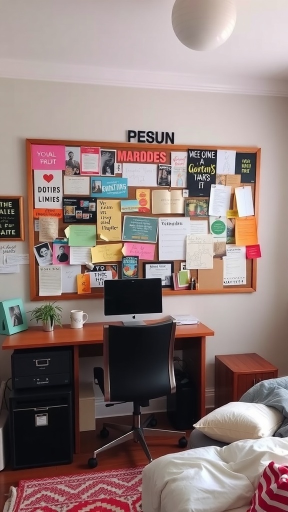 A vision board wall filled with colorful notes and images in a home office setting.