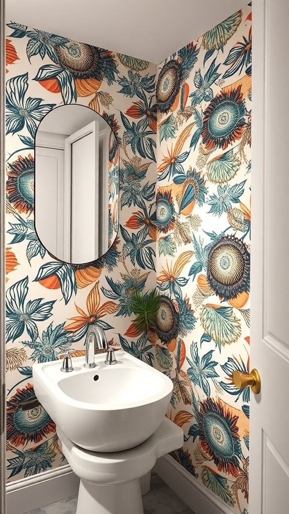 A luxurious powder room featuring vibrant floral wallpaper, a modern sink, and a round mirror.
