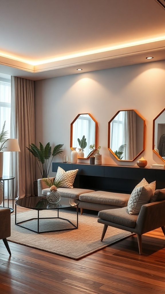 A modern living room featuring backlit mirrors, showcasing a cozy and stylish atmosphere.