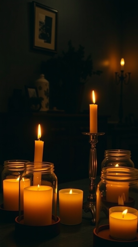 A collection of candles in jars and holders creating a warm glow in a dimly lit room.