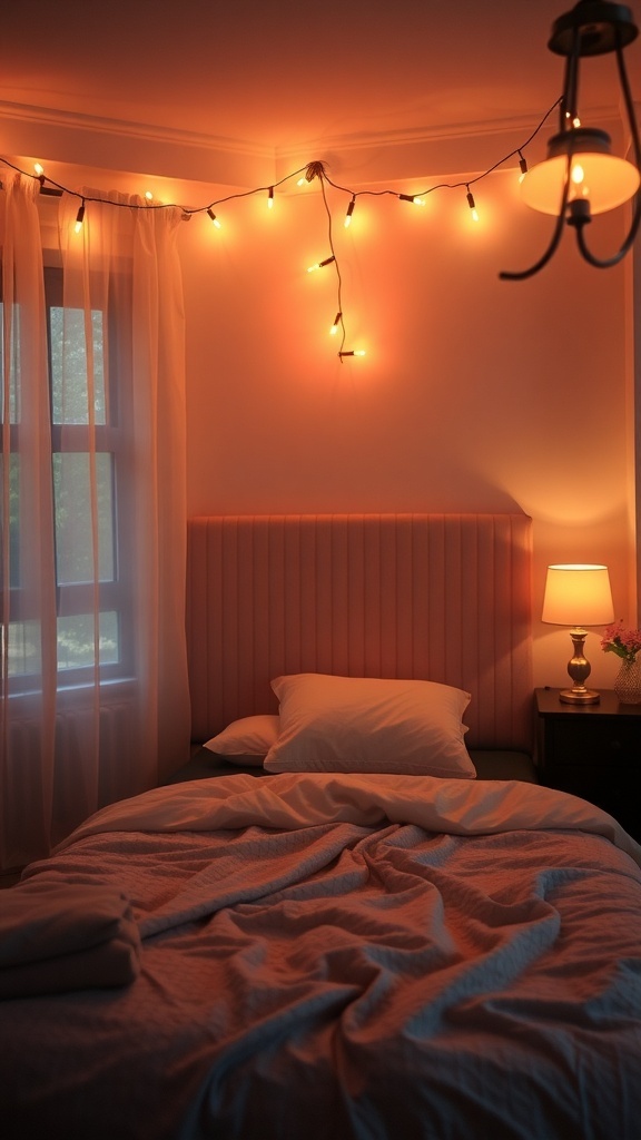 A cozy bedroom with warm ambient lighting from string lights and a bedside lamp.