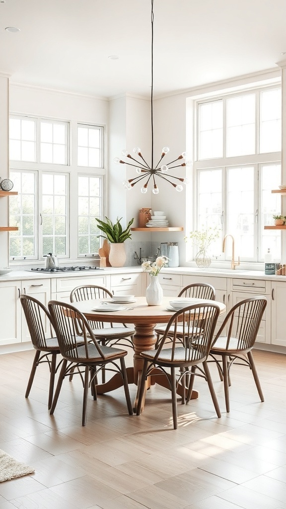 Bright kitchen-dining area with large windows, wooden table, and stylish chairs.