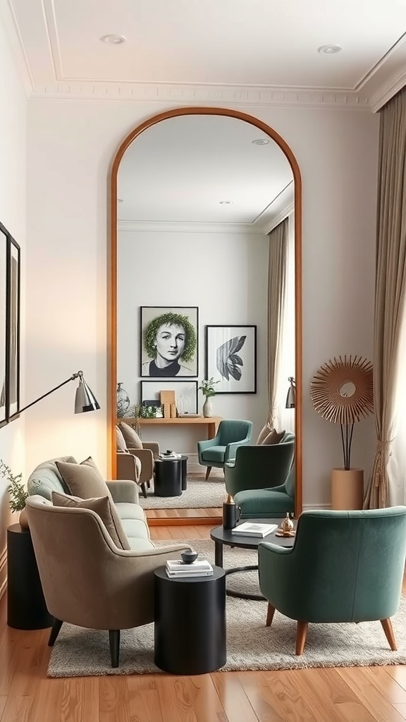 A stylish small living room featuring a large arch-shaped mirror that reflects the seating area, enhancing the sense of space and brightness.