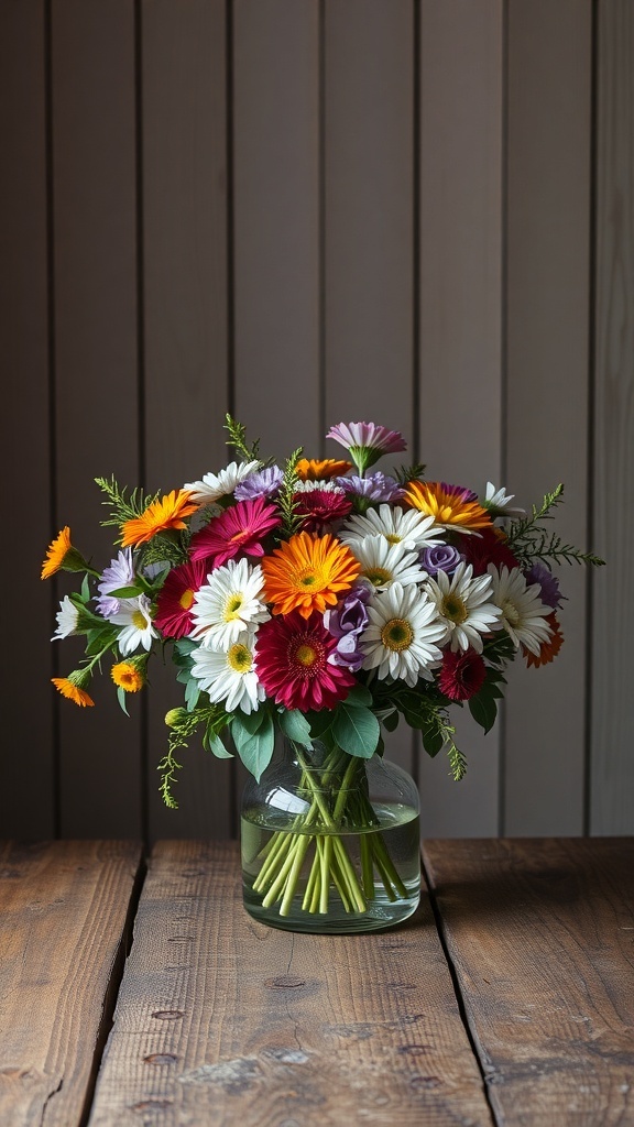 A vibrant floral arrangement featuring colorful flowers in a clear vase on a wooden table.