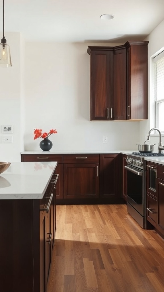 A kitchen featuring cherry cabinets with light countertops and a vase of flowers.