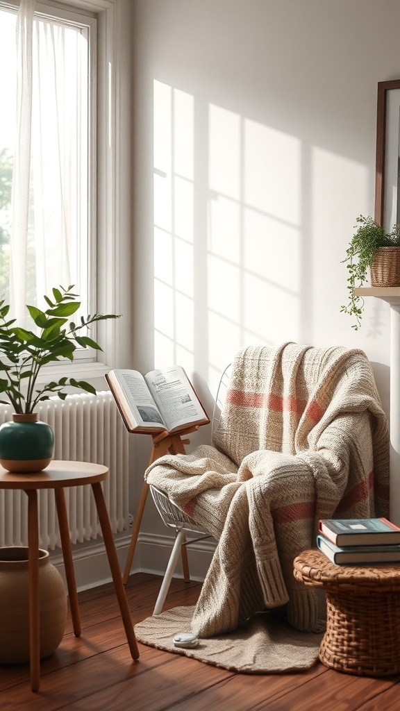 Cozy nook in a living room with a chair, blanket, book, and plant.