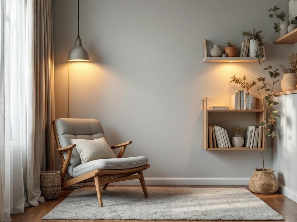 A cozy nook featuring a comfortable chair, soft lighting, and shelves with plants and books.