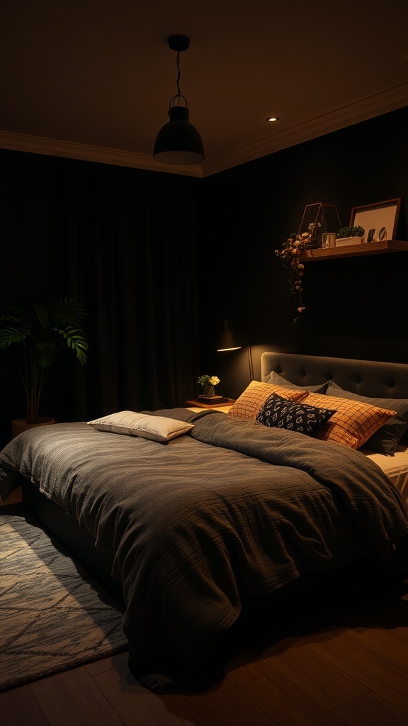Cozy black and white bedroom with dark tones, soft bedding, and warm lighting.