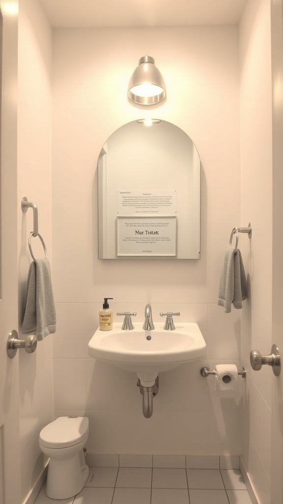 Small bathroom with an arched mirror above a sink, showcasing effective use of space.