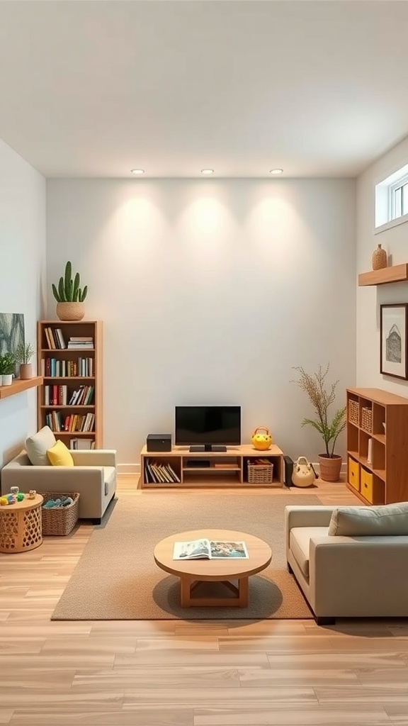 A well-organized living room with a reading nook, media center, and storage solutions.