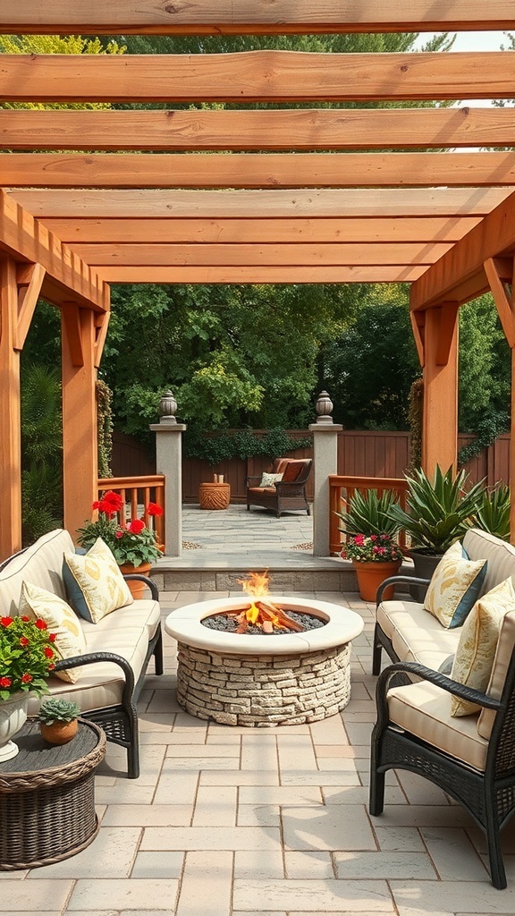 Cozy corner in a pergola patio with comfortable seating, fire pit, and vibrant flowers.