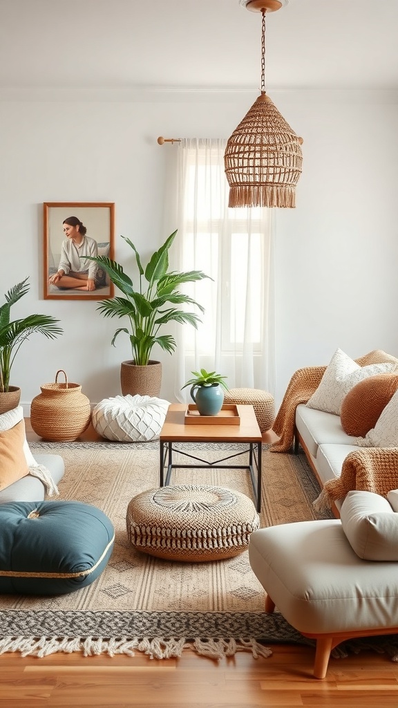 A cozy boho living room featuring a comfortable seating area with cushions, a coffee table, plants, and warm lighting.
