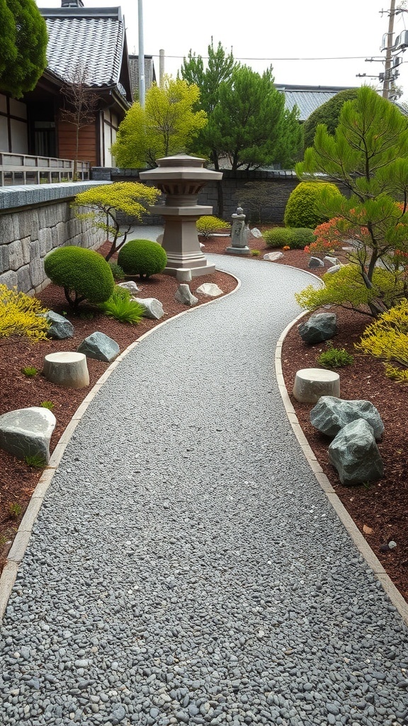 A winding gravel pathway in a Japanese garden, surrounded by greenery and stone features.