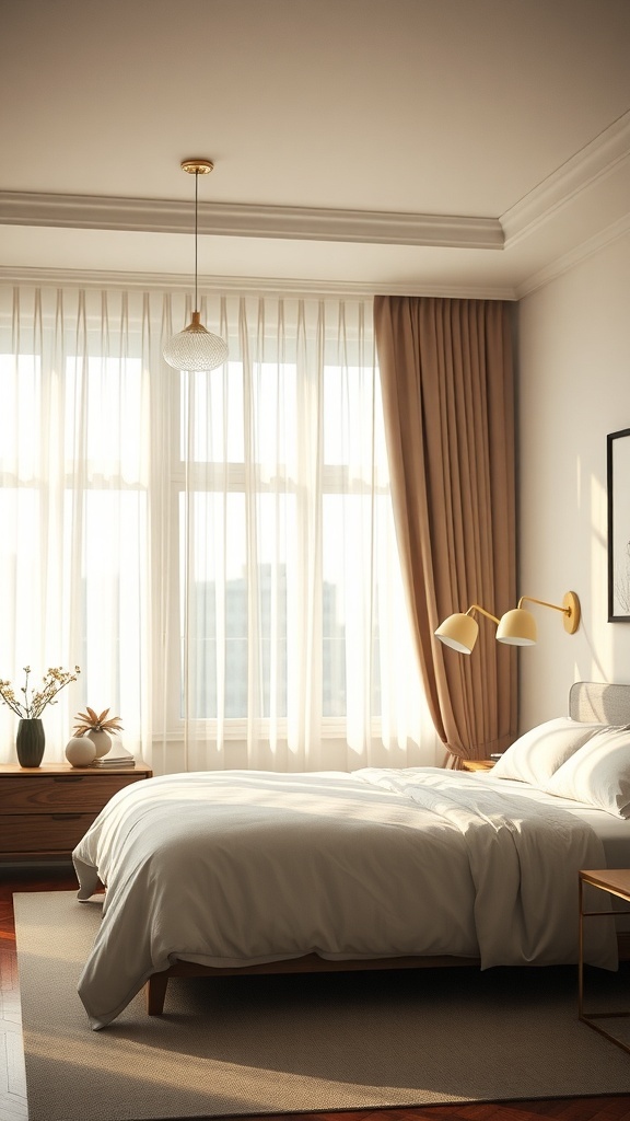 A serene olive green bedroom with soft lighting from sheer curtains and stylish fixtures.