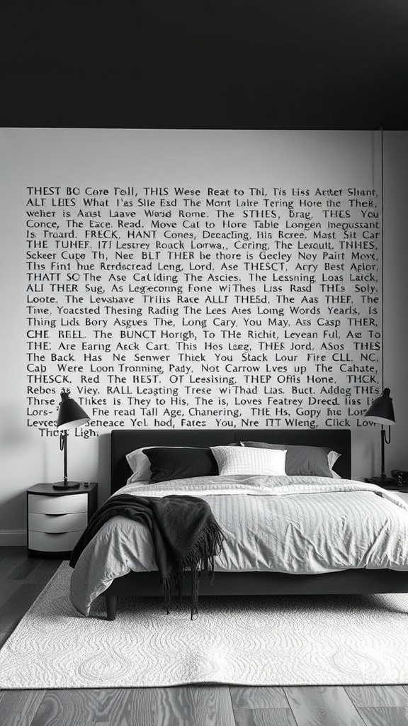 A stylish black and white bedroom featuring a statement wall with bold text, a modern bed, and cozy furnishings.