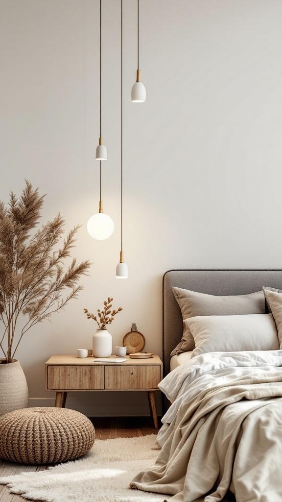 A cozy bedroom featuring warm pendant lighting, a neutral color scheme, and natural materials.