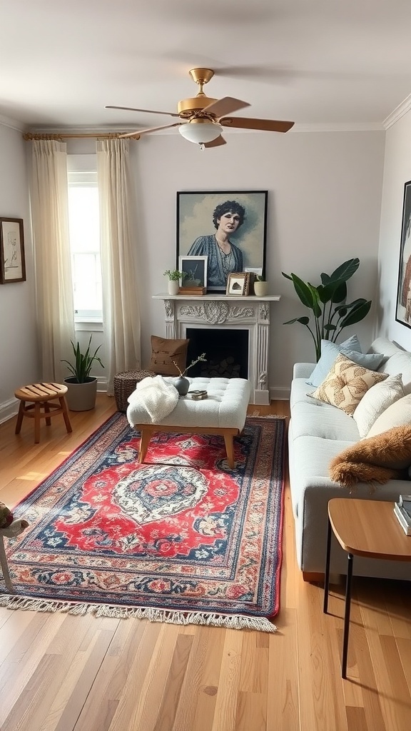 A cozy living room featuring a large area rug that defines the seating area, with a light-colored sofa, coffee table, and decorative elements.