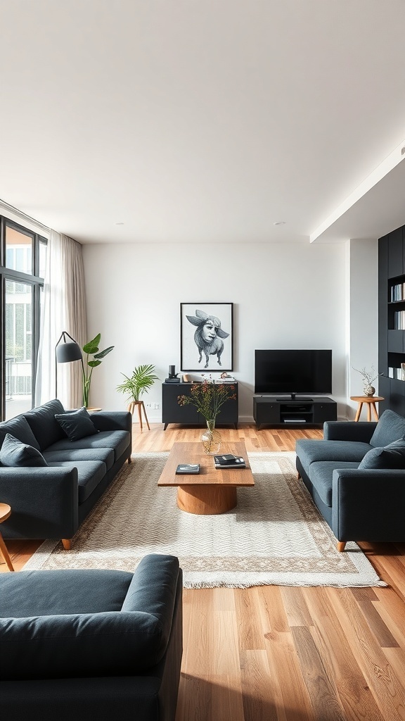 A modern living room featuring black furniture, including sofas and a coffee table, with wooden flooring and decorative plants.