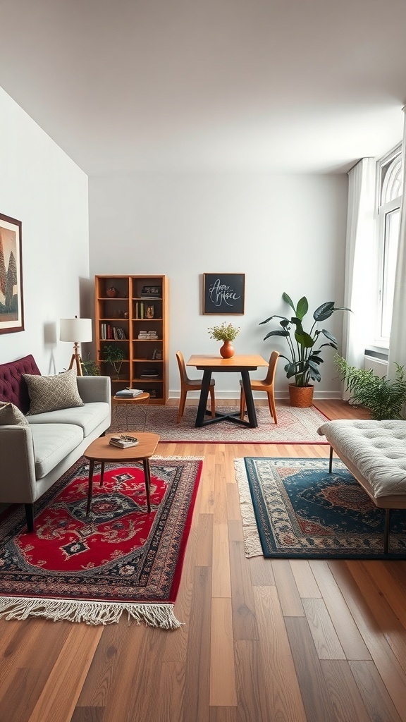 A studio apartment with multiple rugs defining different areas, showcasing a cozy and organized space.