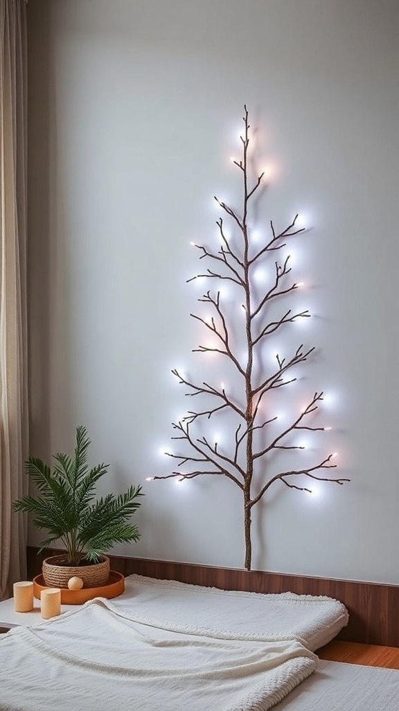A creative alternative Christmas tree made from branches, adorned with soft lights, alongside a potted plant and cozy blankets.