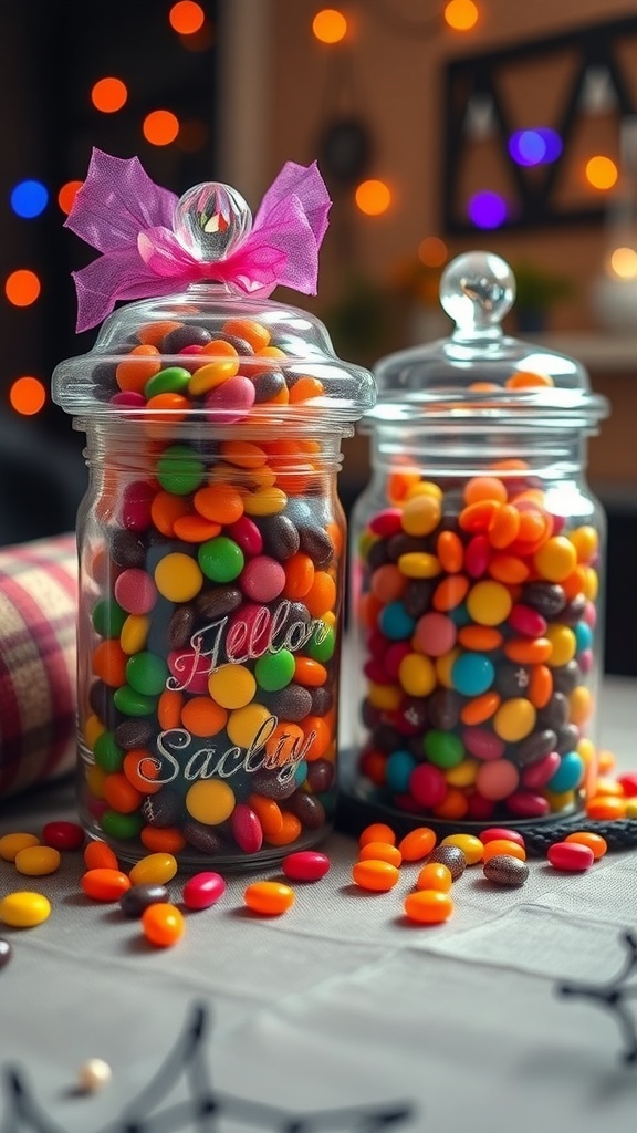 Two glass jars filled with colorful candies, decorated with bows.