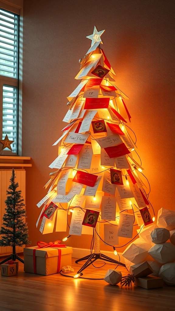 A creative Christmas tree made of holiday cards, decorated with lights and a star on top.
