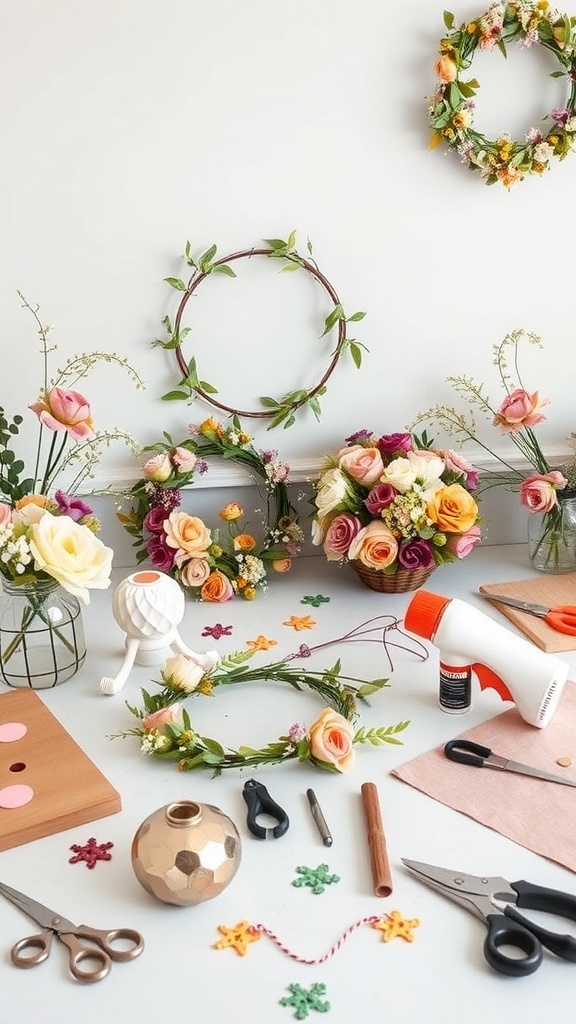 A creative workspace with floral decor projects, featuring wreaths, flowers, and crafting supplies.