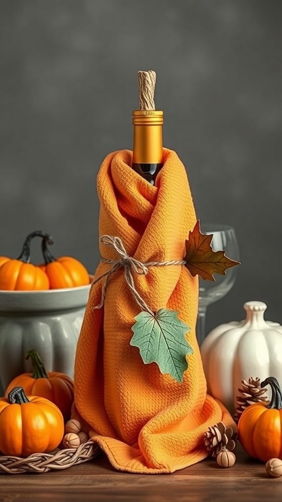 A bottle of wine wrapped in an orange cotton towel, adorned with twine and leaves, surrounded by pumpkins and pine cones.