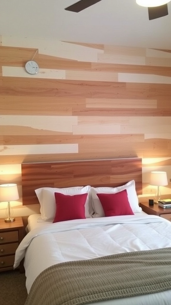DIY headboard wall feature with wood paneling in a cozy bedroom