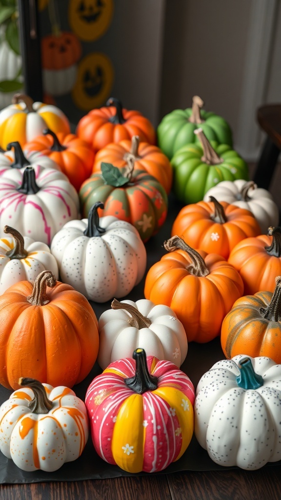 A colorful assortment of painted foam pumpkins in various designs and colors, perfect for Halloween decorations.