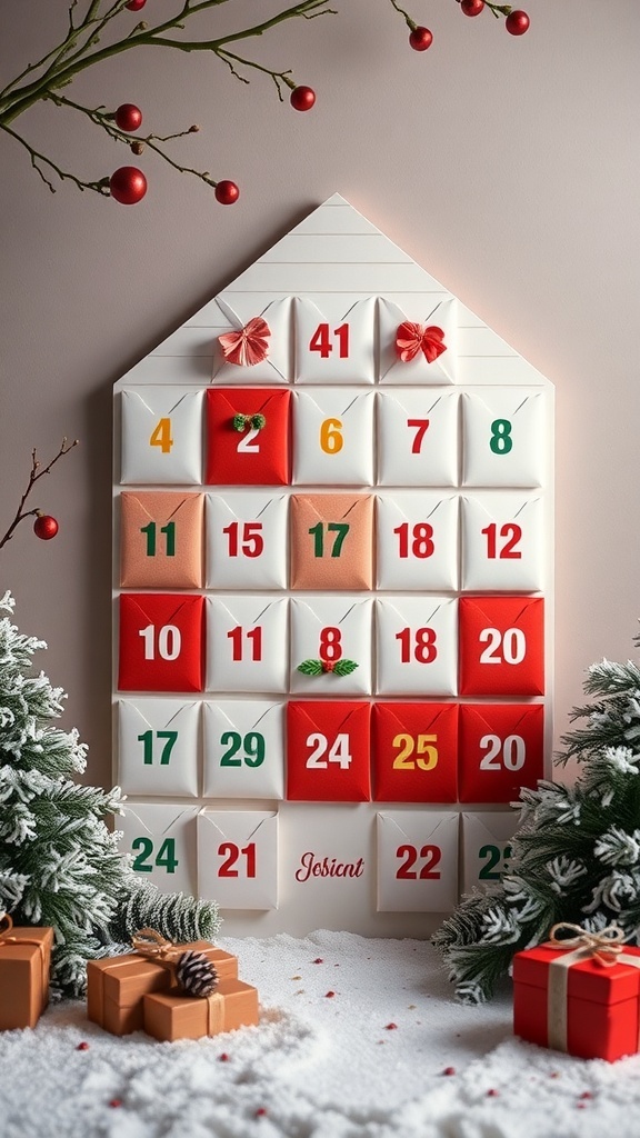 A colorful DIY paper Advent calendar shaped like a house with numbered doors and festive decorations.
