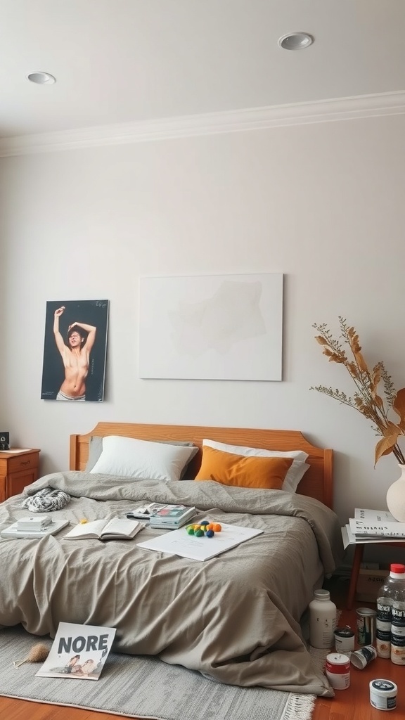A cozy bedroom featuring a mix of wall art above the bed, including a bold photograph and a minimalist canvas.