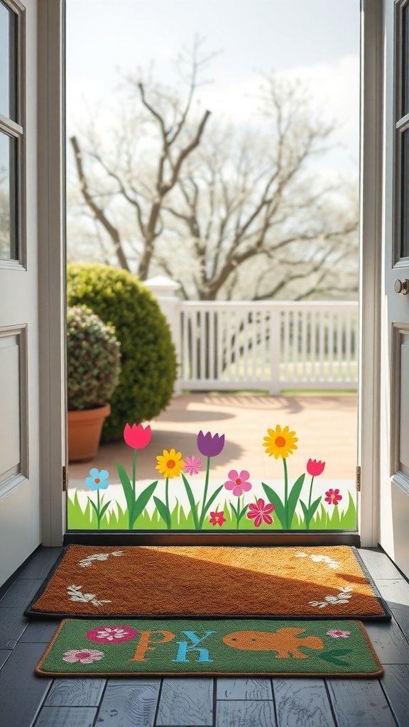 Two colorful door mats at an entryway, one orange with floral designs and one green with playful letters and a fish illustration.