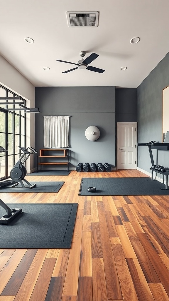 A stylish home gym featuring hardwood and rubber flooring, with gym equipment and a clean design.