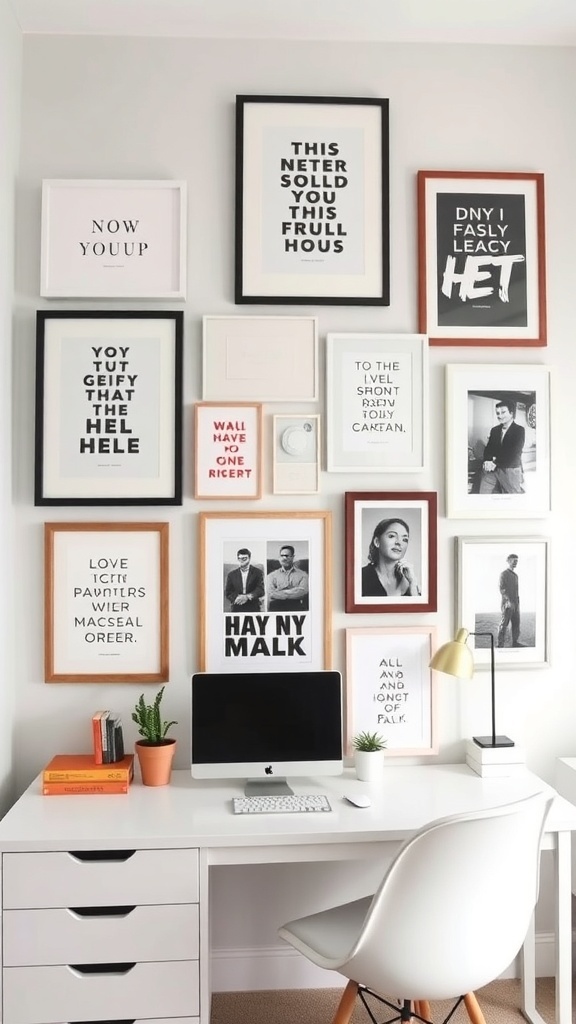 A stylish gallery wall featuring a mix of framed quotes and personal photos, enhancing a modern home office.