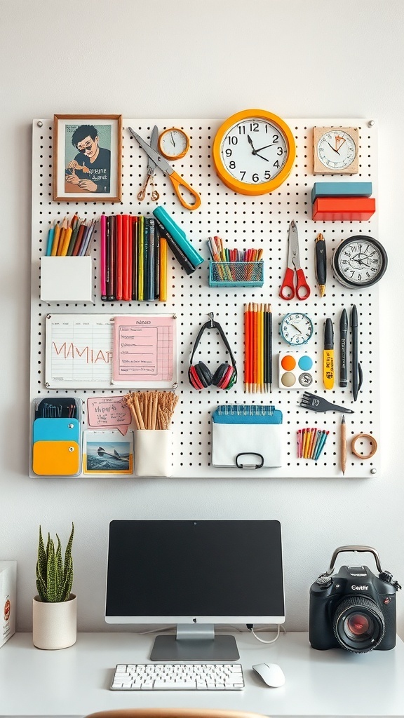 A colorful pegboard filled with office supplies, clocks, and decorative items, showcasing creative organization.